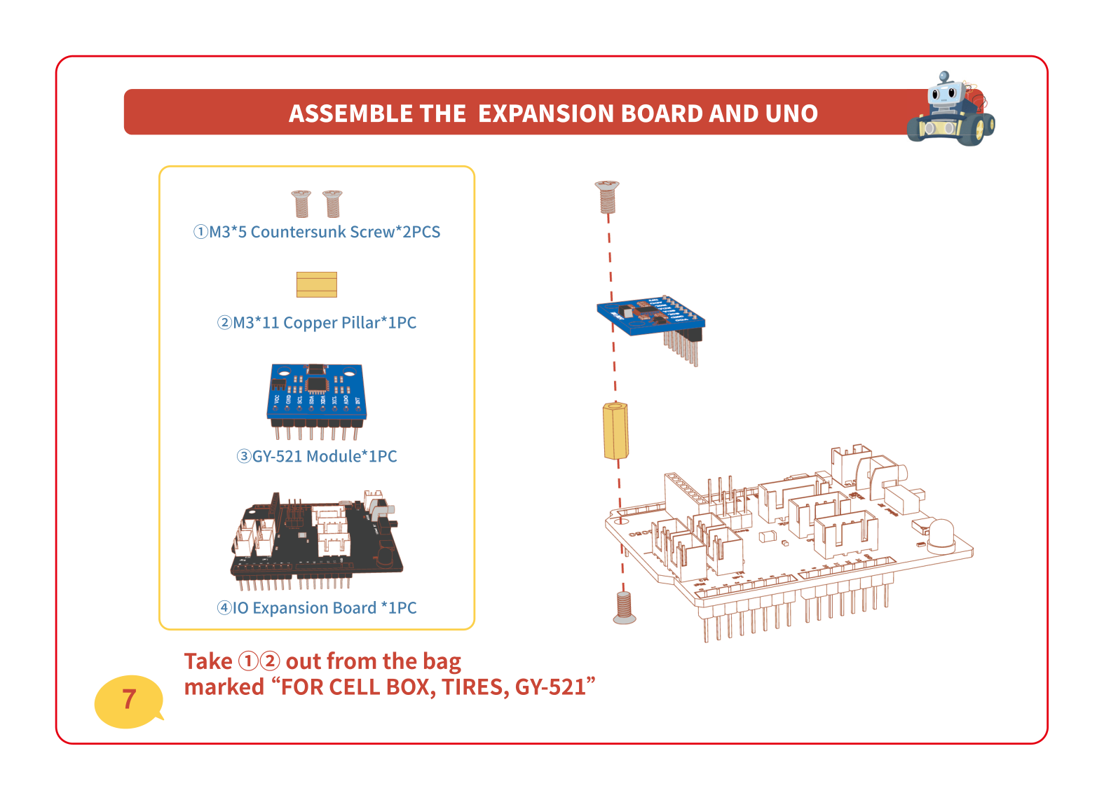The GY-521 module and copper standoff being added to the IO expansion board, then the board lowering onto the chassis with the UNO