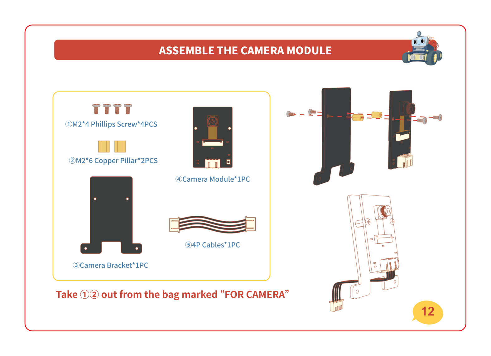 The camera module, camera bracket, screws and 4-pin cable, with the camera mounting onto its bracket