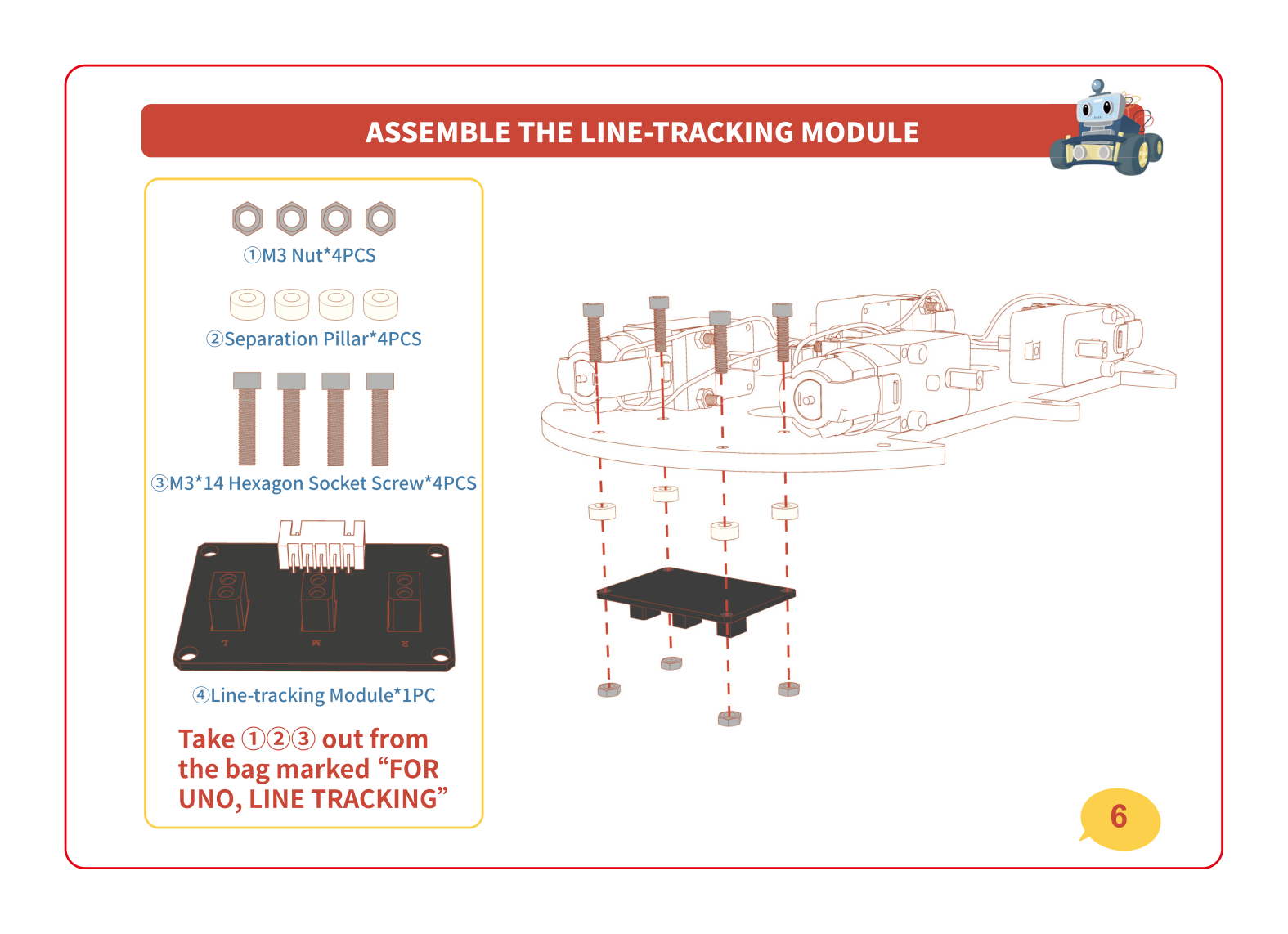 The line-tracking module with its three sensor eyes mounting under the front of the bottom plate on four standoffs