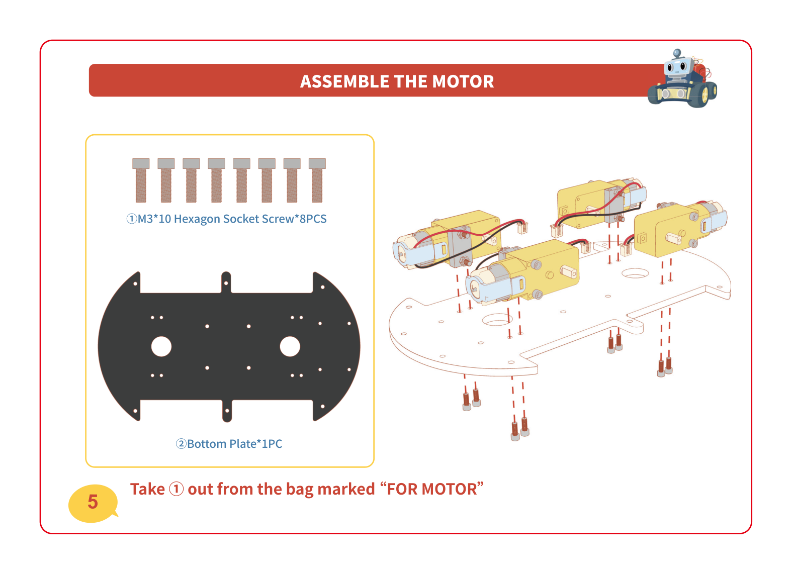 Four yellow motors lined up above the bottom plate with screws pointing down into the plate's mounting holes