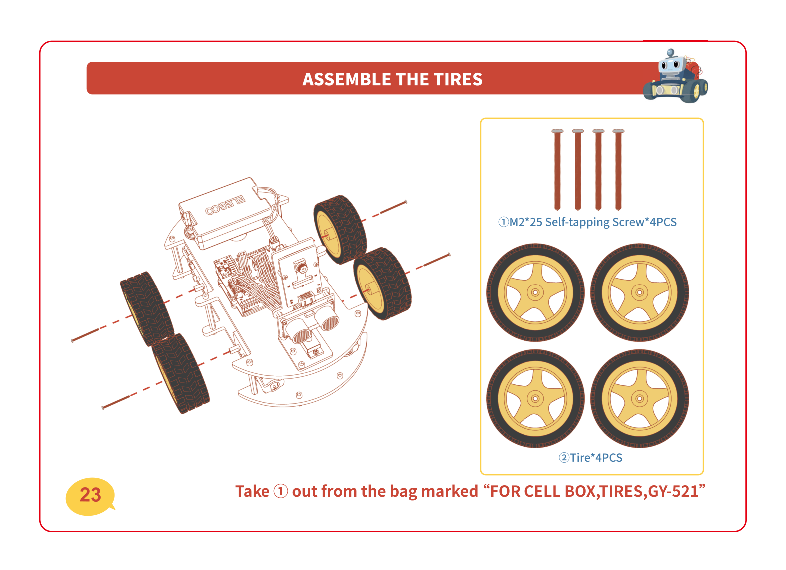 The four tires being pushed onto the motor shafts of the assembled car, with four self-tapping screws