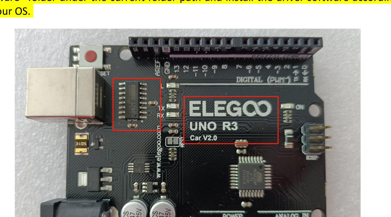 Close-up of the car's ELEGOO UNO R3 (Car V2.0) board with the USB-to-serial CH340 chip area highlighted in red near the USB port