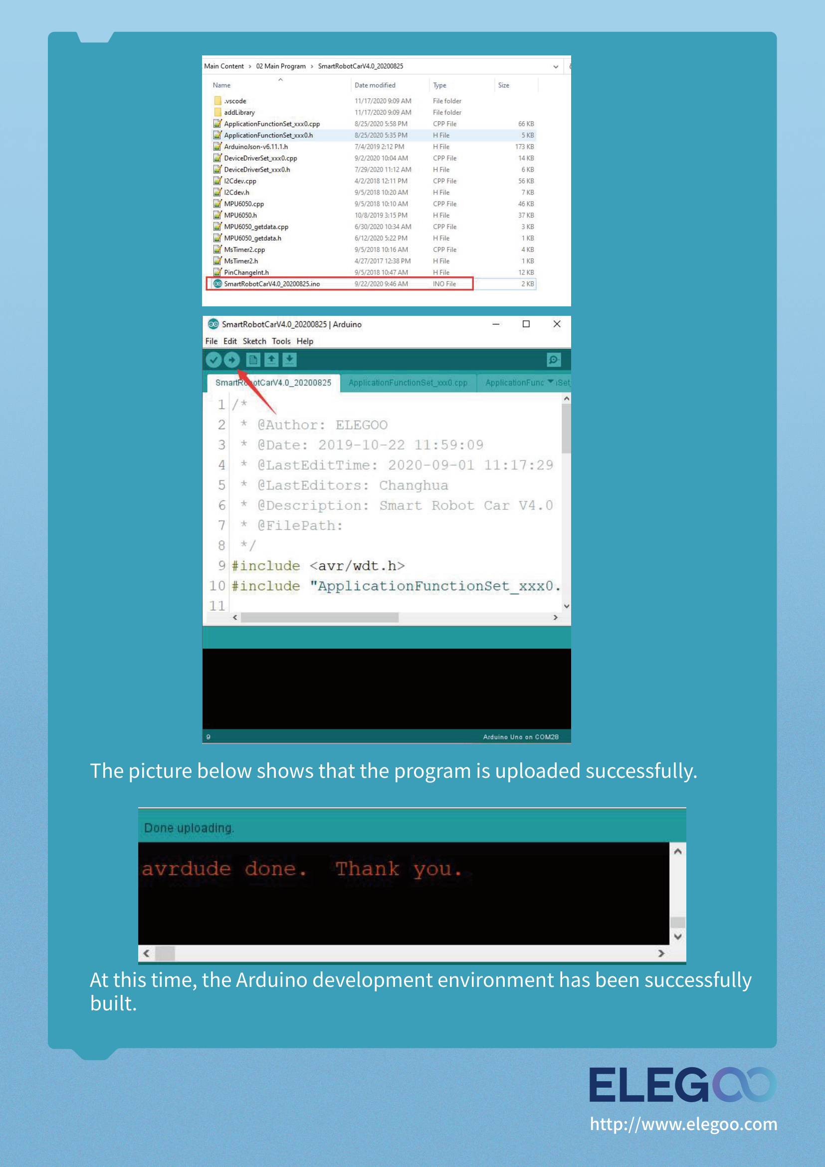 The SmartRobotCarV4.0.ino program open in the Arduino IDE, and below it the green Done uploading message with avrdude done. Thank you.