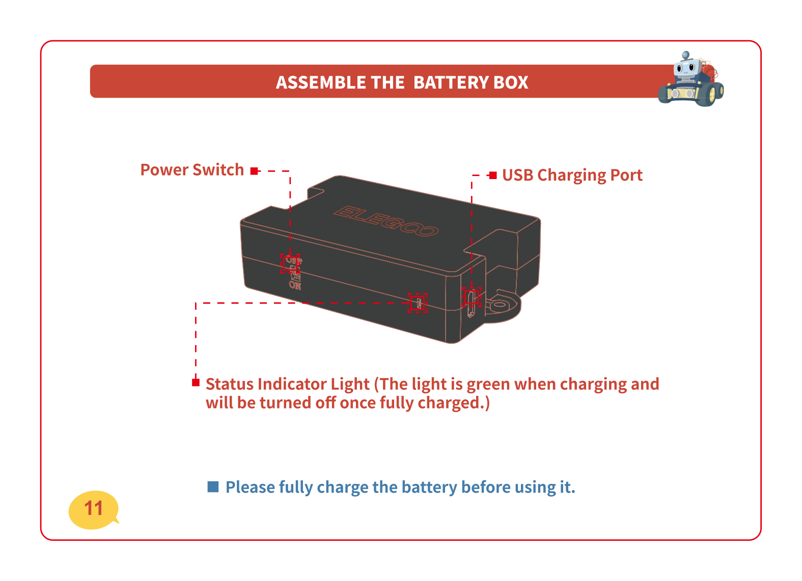 The battery box with its three parts labeled: Power Switch, USB Charging Port, and Status Indicator Light